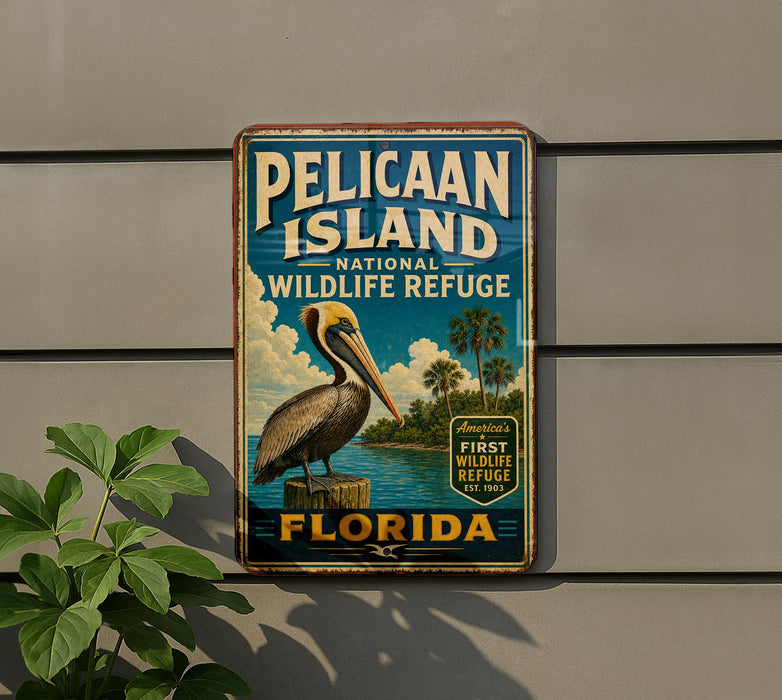 A vintage-style metal sign for Pelican Island National Wildlife Refuge in Florida, featuring a pelican and palm trees.