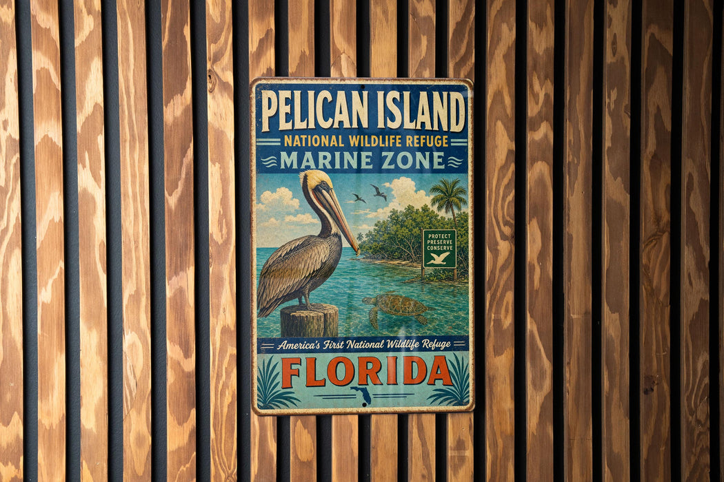 A vintage-style metal sign for the Pelican Island National Wildlife Refuge in Florida, featuring a pelican and a marine zone illustration.