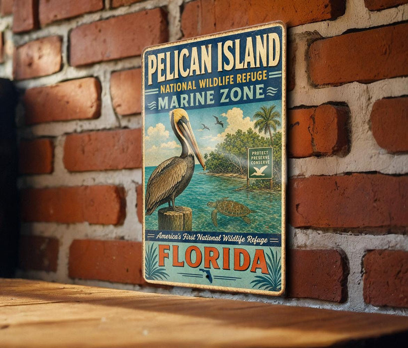 A vintage-style metal sign for the Pelican Island National Wildlife Refuge in Florida, featuring a pelican and a tropical beach scene.