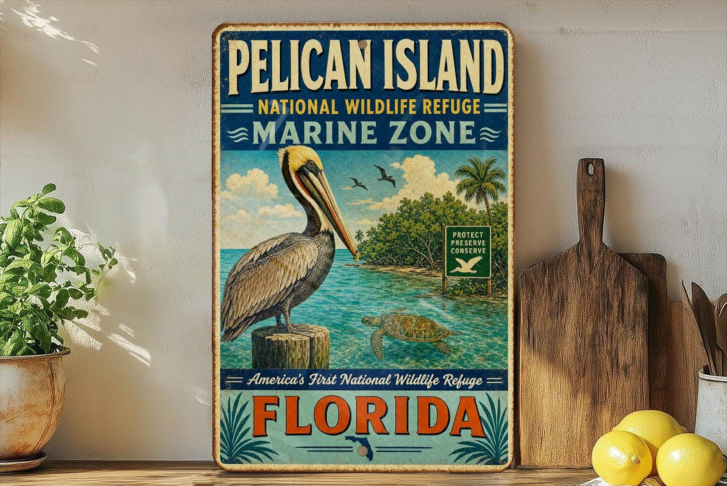 A vintage-style metal sign for the Pelican Island National Wildlife Refuge in Florida, featuring a pelican and a tropical island landscape.