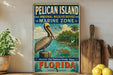 A vintage-style metal sign for the Pelican Island National Wildlife Refuge in Florida, featuring a pelican and a tropical island landscape.