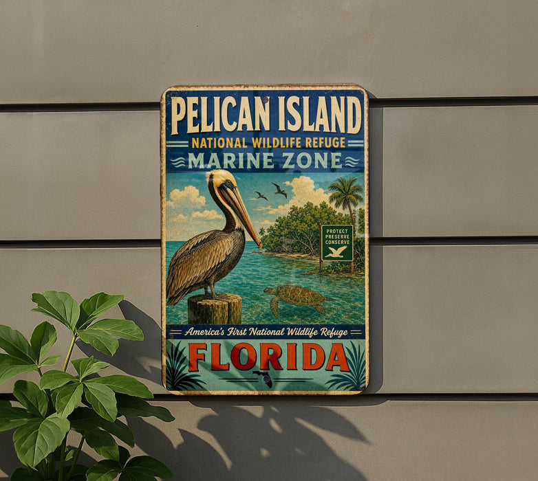 A vintage-style sign for the Pelican Island National Wildlife Refuge, featuring a pelican and a tropical beach scene, mounted on a wall.