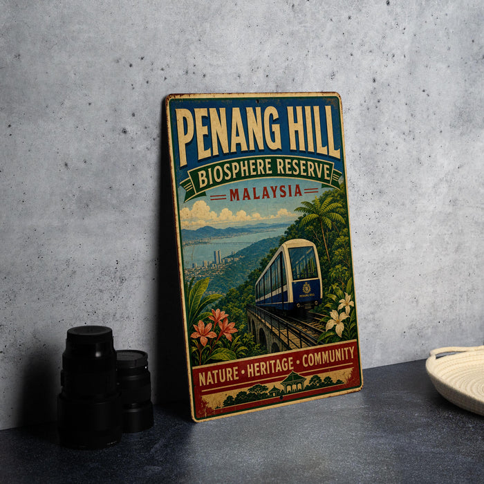 A vintage-style metal sign for Penang Hill Biosphere Reserve, Malaysia, featuring a train and lush greenery.