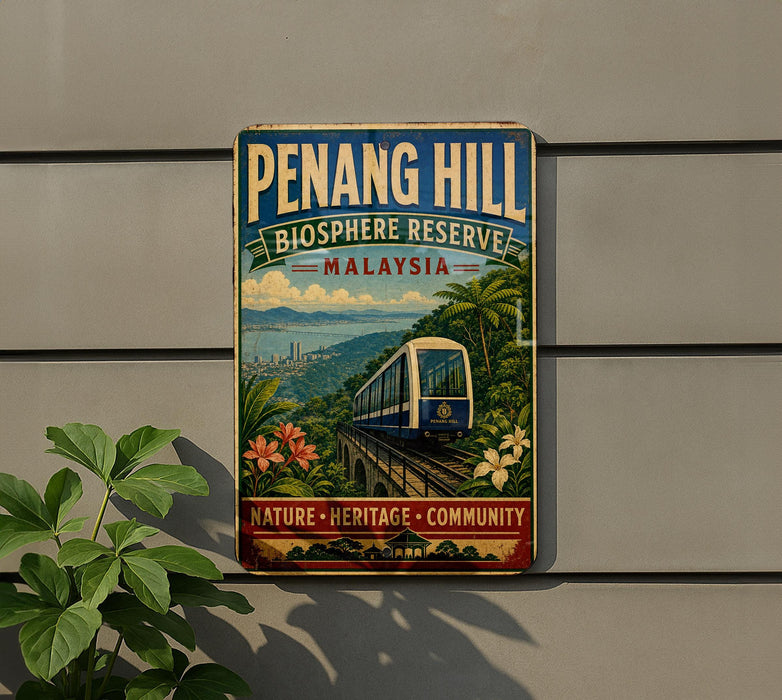A vintage-style sign for Penang Hill Biosphere Reserve in Malaysia, featuring a train and lush greenery.