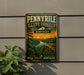 A vintage-style sign for the Pennyville State Forest in Kentucky, featuring a scenic landscape with a sunset over a river and mountains.
