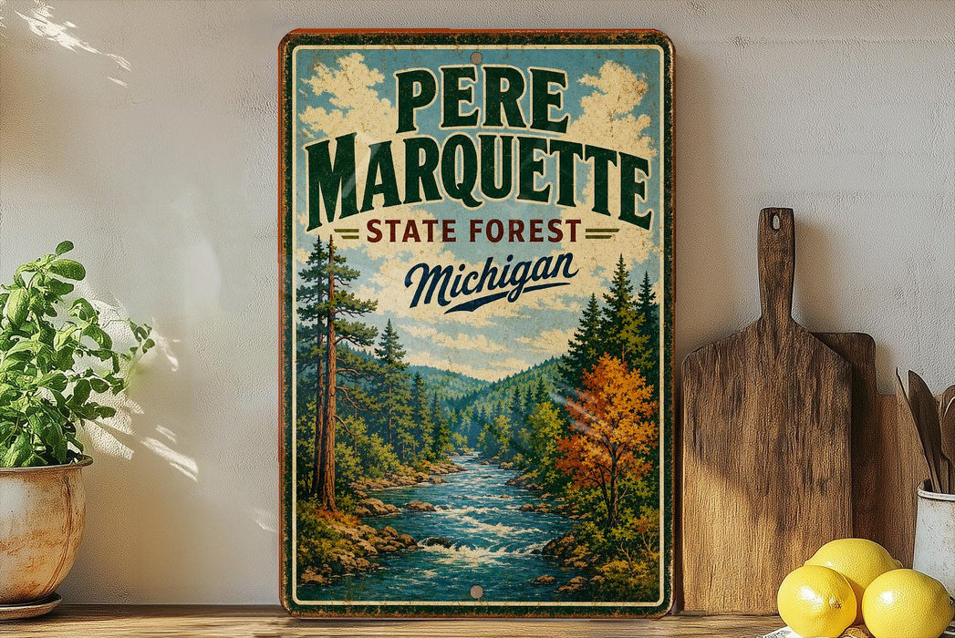 A vintage-style sign for the state forest in Michigan, featuring a scenic image of a river surrounded by pine trees and mountains.