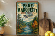 A vintage-style sign for the state forest in Michigan, featuring a scenic image of a river surrounded by pine trees and mountains.
