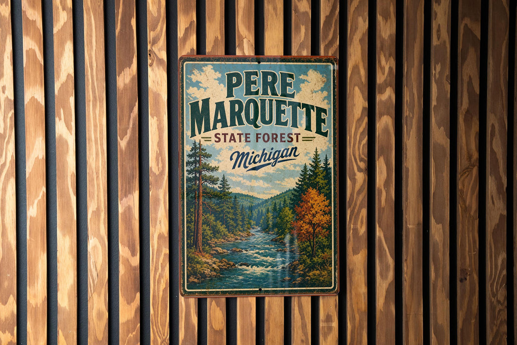 A vintage metal sign for the state forest in Michigan, featuring a scenic landscape with a river and pine trees.