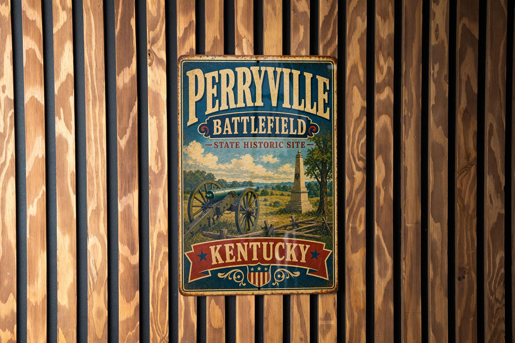 A vintage metal sign for Perryville Battlefield, a state historic site in Kentucky, is displayed on a wooden wall.