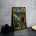 A vintage-style metal sign for Peruacu River Canyon in Brazil, featuring a scenic illustration of the canyon and its surrounding landscape.