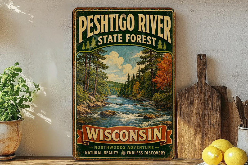A vintage-style sign for the Peshtigo River State Forest in Wisconsin, featuring a scenic illustration of a river surrounded by pine trees and autumn foliage.