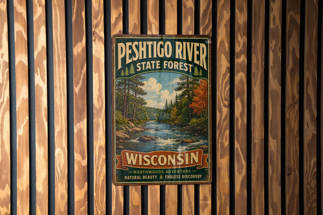 A vintage metal sign for the Peshtigo River State Forest in Wisconsin, featuring a scenic image of a river surrounded by pine trees and autumn foliage.
