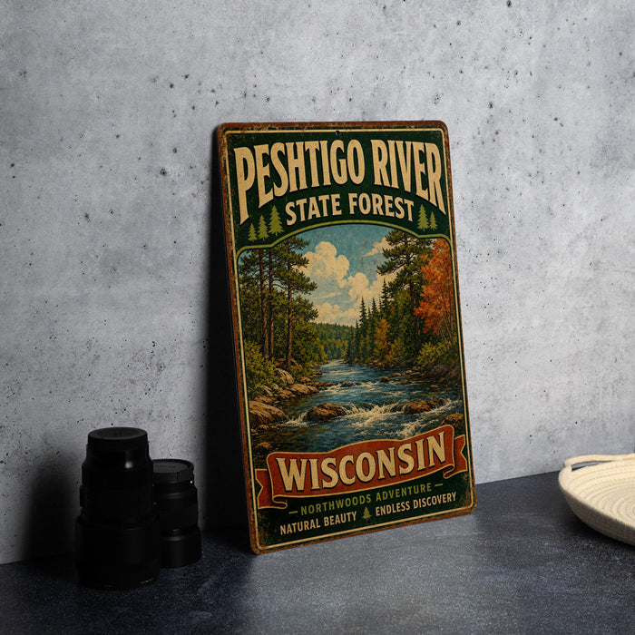 A vintage-style metal sign for the Peshtigo River State Forest in Wisconsin, featuring a scenic illustration of a river surrounded by pine trees and autumn foliage.