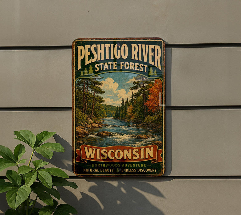 A vintage-style metal sign for the Peshtigo River State Forest in Wisconsin, featuring a scenic landscape with a river, trees, and mountains.