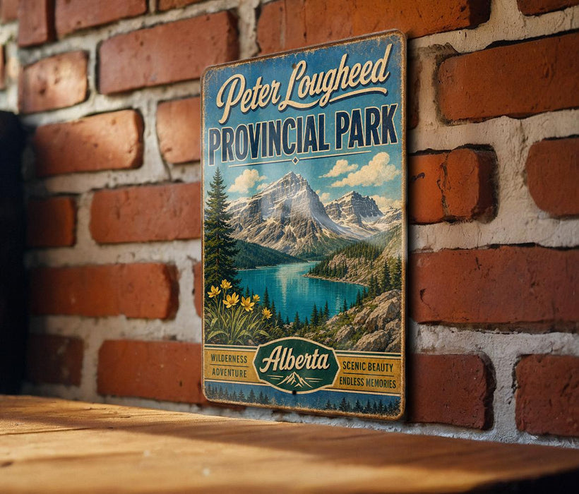 A vintage-style sign for Peter Loughheed Provincial Park in Alberta, Canada, featuring a scenic mountain landscape with a lake and pine trees.
