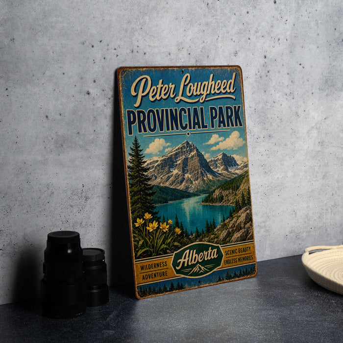 A vintage-style metal sign for Peter Lougheed Provincial Park in Alberta, Canada, featuring a scenic mountain landscape with a lake and pine trees.