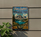 A vintage-style sign for Peter Lougheed Provincial Park in Alberta, Canada, featuring a scenic mountain landscape with a lake and pine trees.