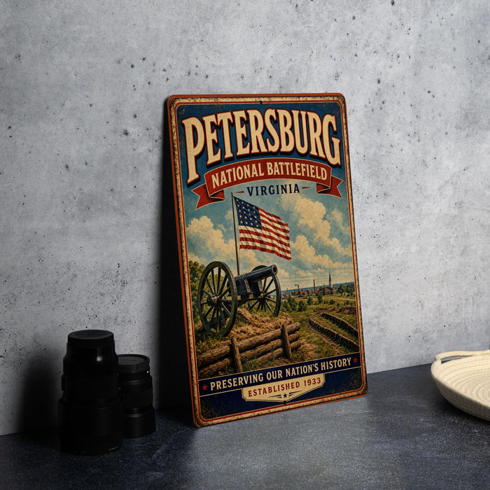 A vintage-style metal sign for the Petersburg National Battlefield in Virginia, featuring an American flag and a cannon, is displayed on a gray concrete surface.