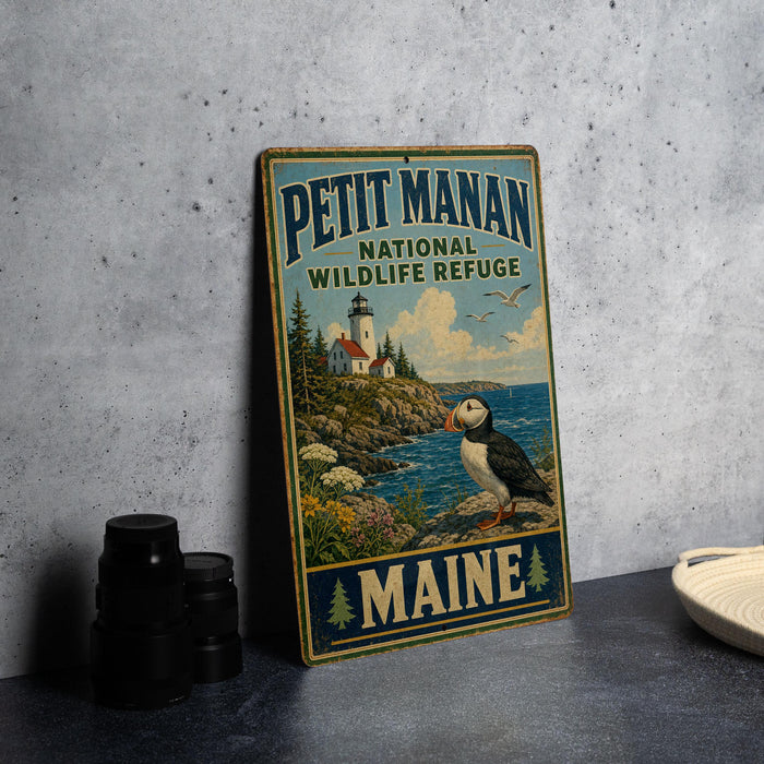 A vintage metal sign for the Maine National Wildlife Refuge, featuring a puffin bird and a lighthouse, is displayed on a gray countertop.