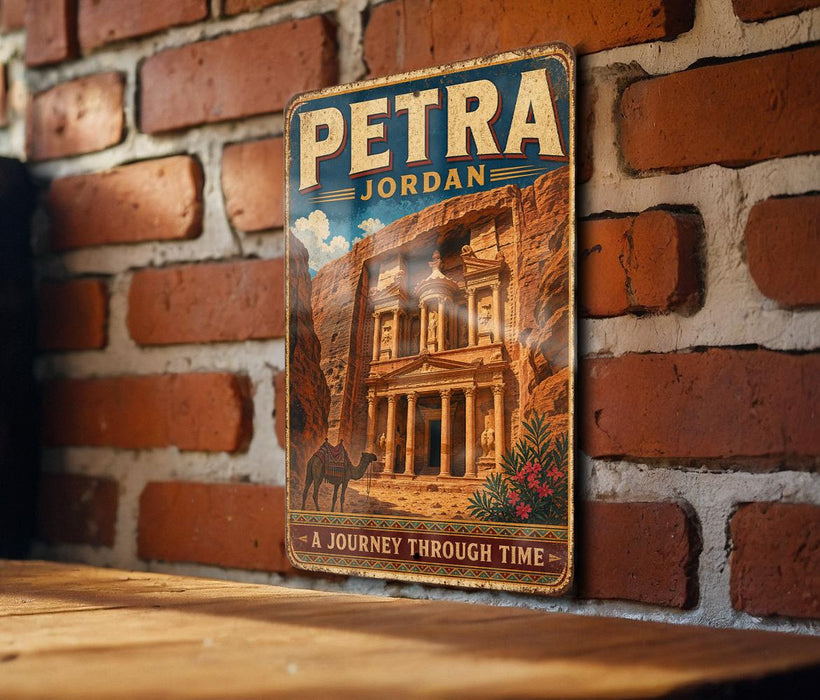 A vintage-style metal sign with the text "PETRA JORDAN" and an illustration of an ancient building, likely the Petra, is displayed on a brick wall.