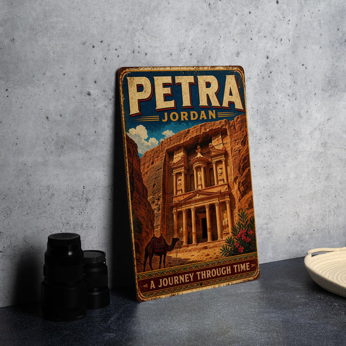A vintage-style metal sign with the text "PETRA JORDAN" and an illustration of the ancient city of Petra, featuring a camel and the Petra Treasury, is displayed on a gray concrete surface.