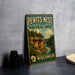 A vintage-style sign for the Pewits Nest State Natural Area in Wisconsin, featuring a scenic landscape with a river and forest.