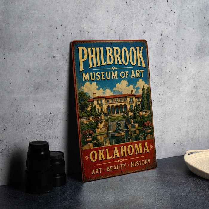 a vintage-style sign for the Philbrook Museum of Art in Oklahoma, with a large illustration of the museum's architecture and a fountain in the foreground.