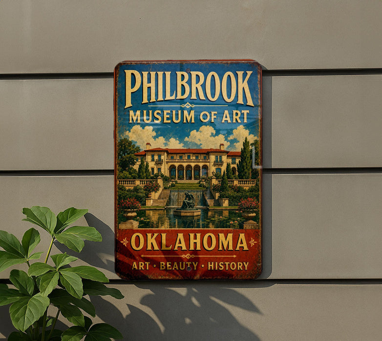a vintage-style sign for the Philbrook Museum of Art in Oklahoma, with a large illustration of a building and a fountain in the background.