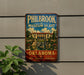 a vintage-style sign for the Philbrook Museum of Art in Oklahoma, with a large illustration of a building and a fountain in the background.