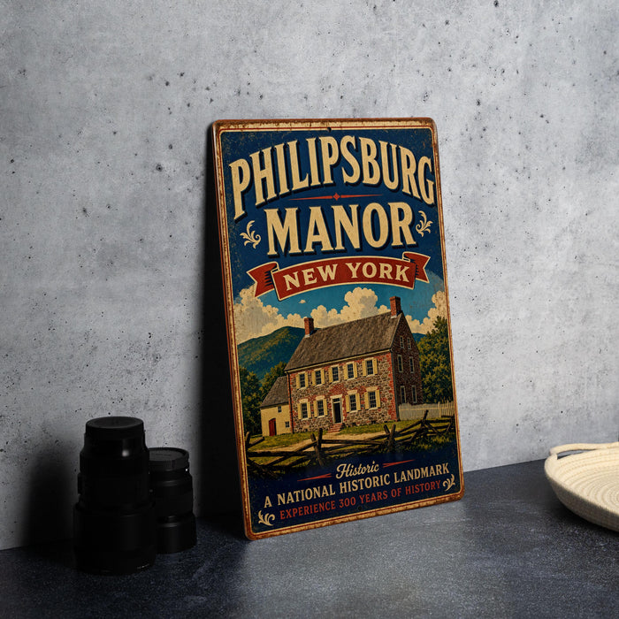 A vintage-style metal sign for "Philipsburg Manor" in New York, featuring an illustration of a historic house surrounded by trees and mountains.