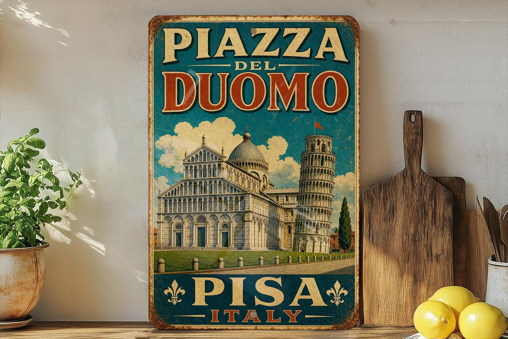 A vintage-style sign for Piazza del Duomo in Pisa, Italy, featuring an illustration of the Leaning Tower of Pisa.