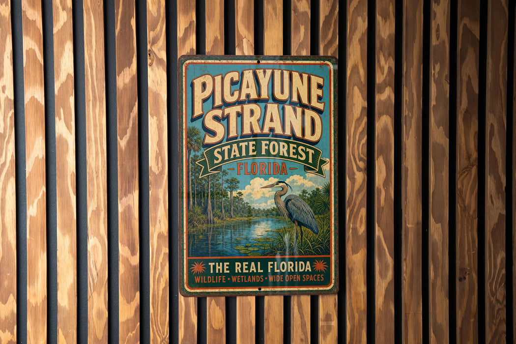 A vintage-style metal sign for the Pico Yune Strand State Forest in Florida, featuring a blue background with a bird illustration and text.