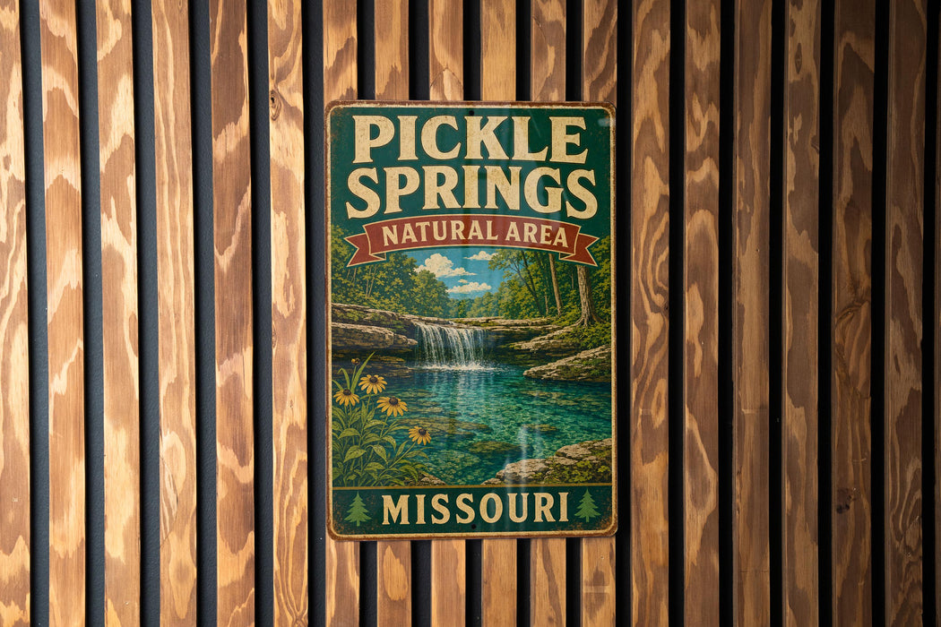 A vintage metal sign for Pickle Springs Natural Area in Missouri, featuring a scenic landscape with a waterfall and flowers.