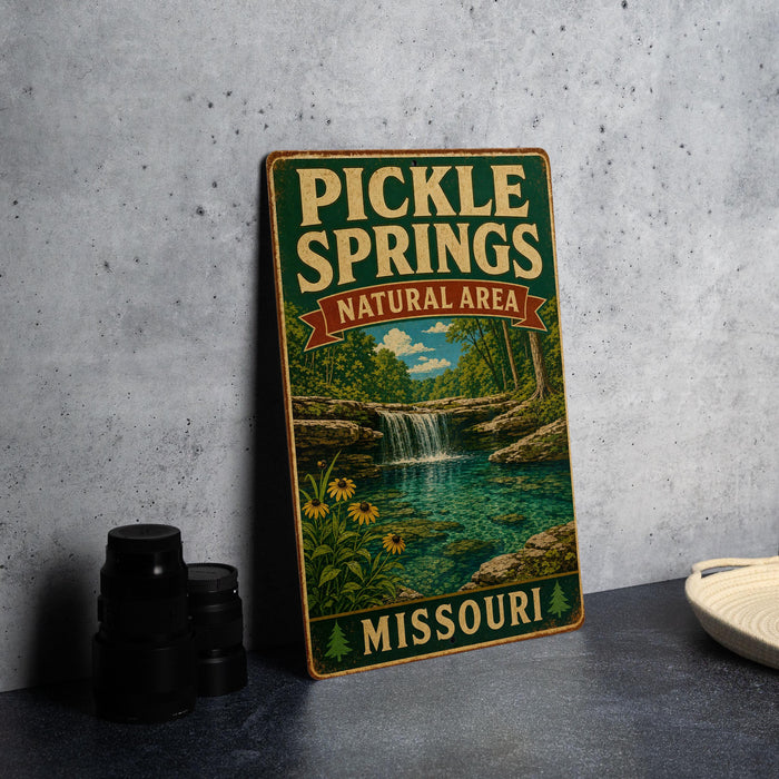 A vintage-style metal sign for Pickle Springs Natural Area in Missouri, featuring a scenic landscape with a waterfall and greenery.