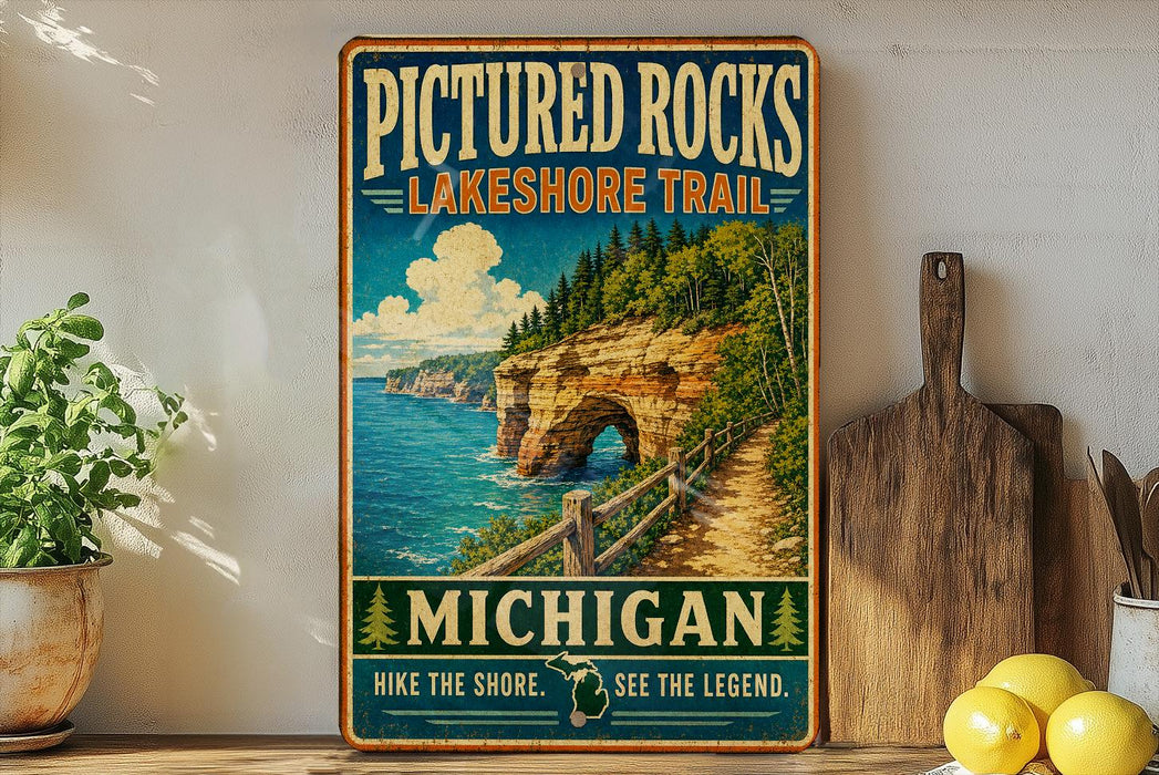 A vintage-style metal sign advertising the Pictured Rocks Lakeshore Trail in Michigan, featuring a scenic image of a cliff overlooking a lake.