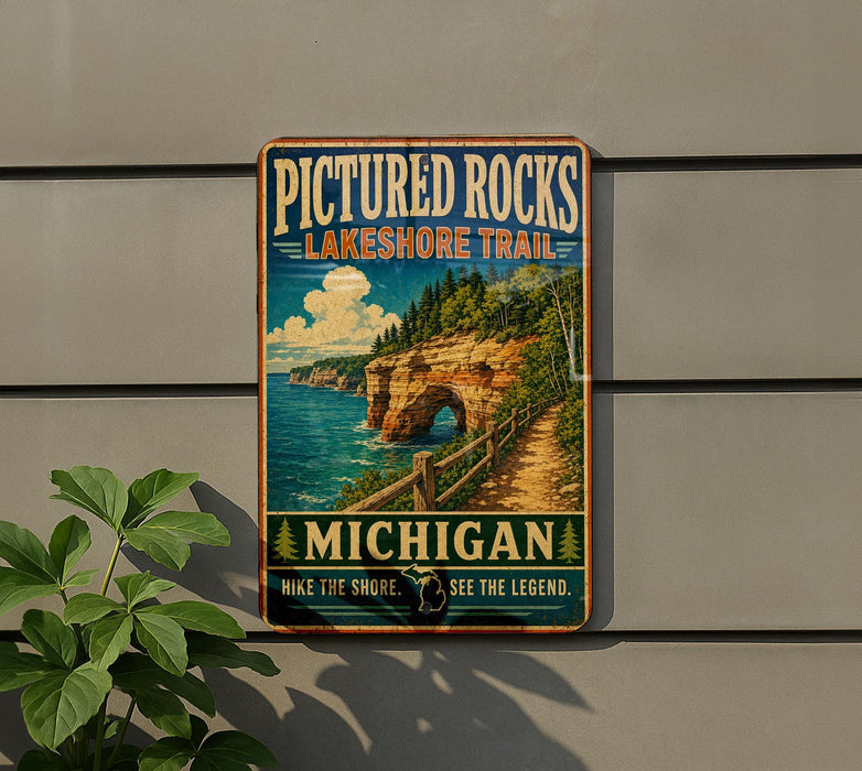 A vintage-style metal sign for the Pictured Rocks Lakeside Trail in Michigan, featuring a scenic landscape with a cliff, lake, and forest.