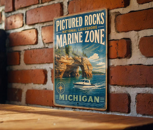 A vintage-style metal sign for Pictured Rocks National Lakeshore Marine Zone, featuring a scenic image of a boat on the water and a rocky shoreline.