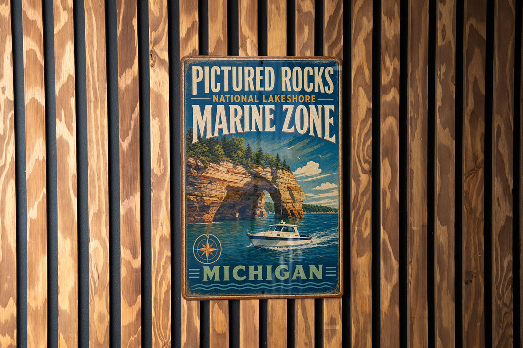 A vintage-style metal sign for the Pictured Rocks National Lakeshore Marine Zone in Michigan, featuring a scenic image of a boat on the water and a rocky cliff.