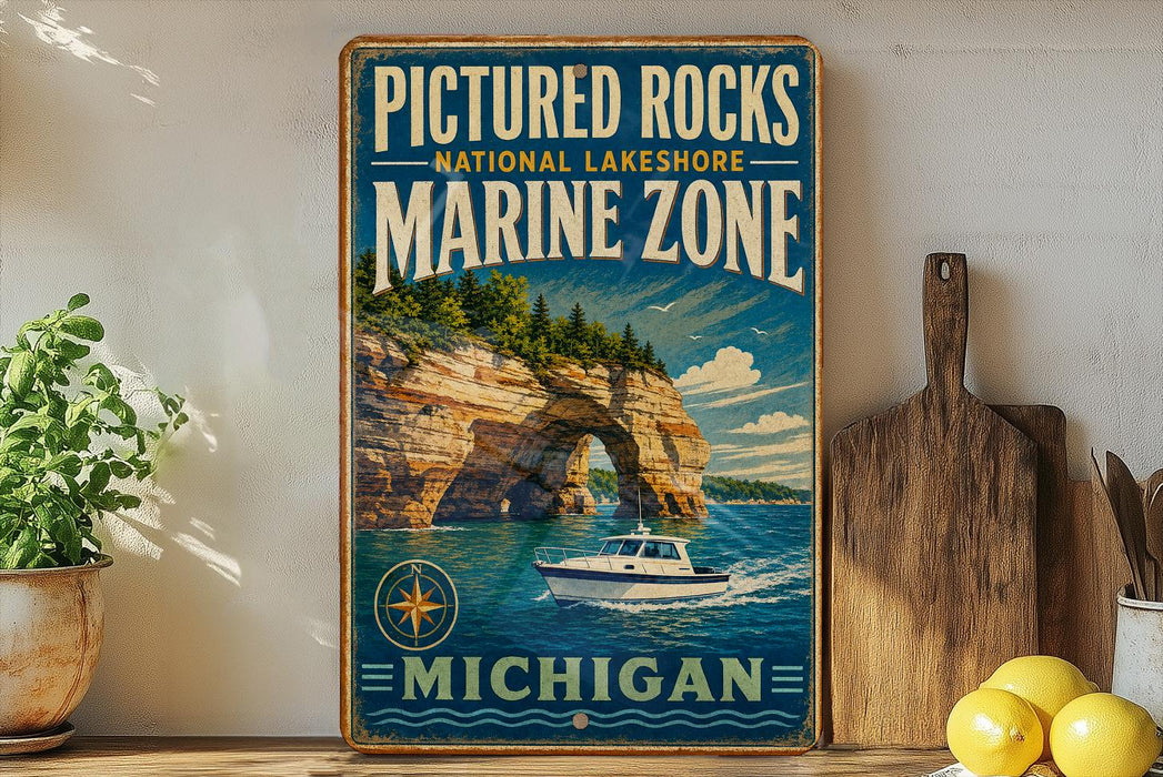 A framed poster of a boat on a lake, with the text "PICTURED ROCKS NATIONAL LAKESHORE MARINE ZONE MICHIGAN" and a scenic image of a lake with a boat.