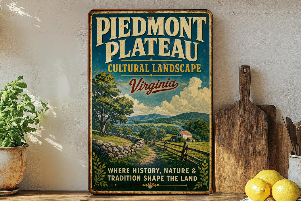 A vintage-style metal sign for Piedmont Plateau, Virginia, featuring a scenic landscape with a path, trees, and a house.