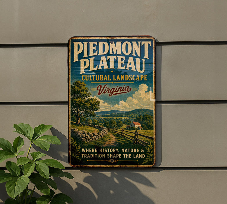 A vintage-style sign for Piedmont Plateau, Virginia, featuring a scenic landscape with a farm, trees, and a winding road.