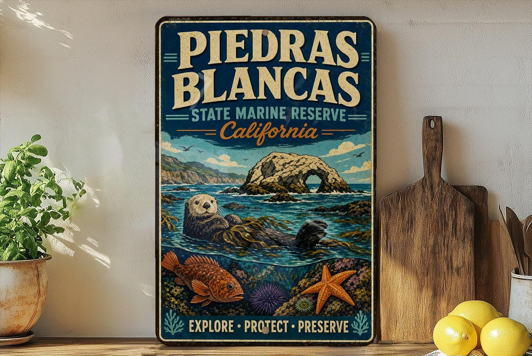 A vintage-style sign for Piedras Blancas State Marine Reserve in California, featuring an illustration of an octopus, a rock formation, and marine life.