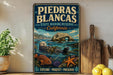 A vintage-style sign for Piedras Blancas State Marine Reserve in California, featuring an illustration of an octopus, a rock formation, and marine life.