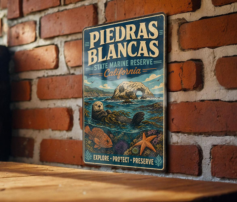 A vintage-style metal sign for the Piedras Blancas State Marine Reserve in California, featuring an illustration of an octopus and other marine life.