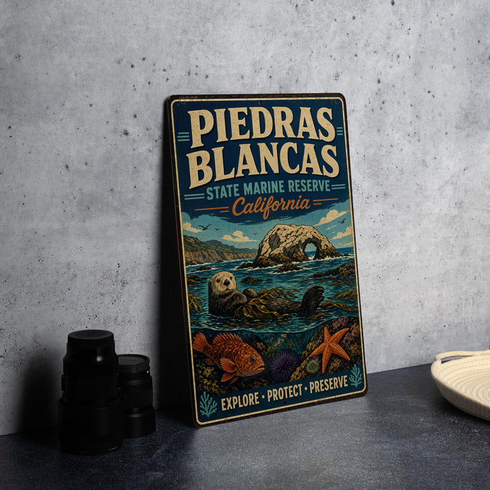 A vintage-style metal sign for the Piedras Blancas State Marine Reserve in California, featuring an illustration of an octopus and other marine life.