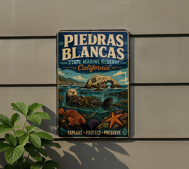 A vintage-style metal sign for the Piedras Blancas State Marine Reserve in California, featuring an illustration of an octopus, a rock formation, and various marine life.