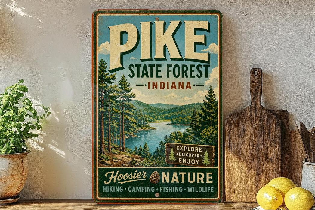 A vintage-style sign for Pike State Forest, Indiana, featuring a scenic image of the forest and a river.