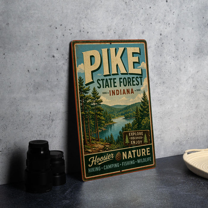 A vintage-style metal sign for Pike State Forest, Indiana, featuring a scenic illustration of the forest and a lake.