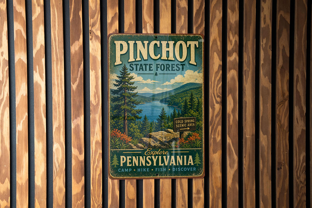 A vintage metal sign for Pinchot State Forest, featuring a scenic image of a forest and a lake, mounted on a wooden wall.