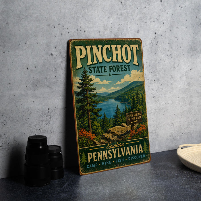 A vintage-style metal sign for Pinchot State Forest, featuring a scenic illustration of a forest and a lake, is displayed on a gray countertop next to some black camera lenses.